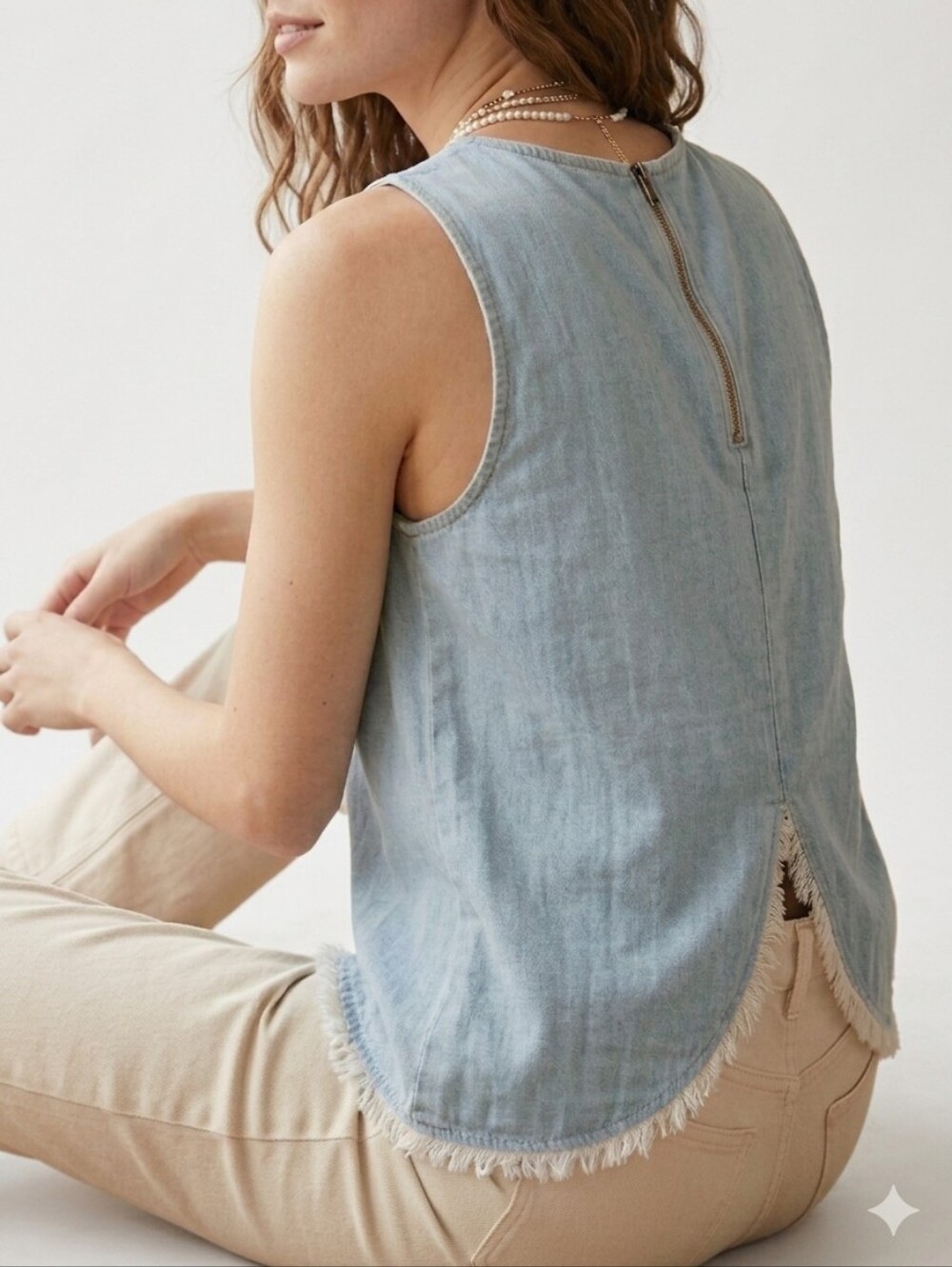 XS Madewell 100% Cotton Women's Light Blue Denim Sleeveless Top w/ Raw Edge Hem